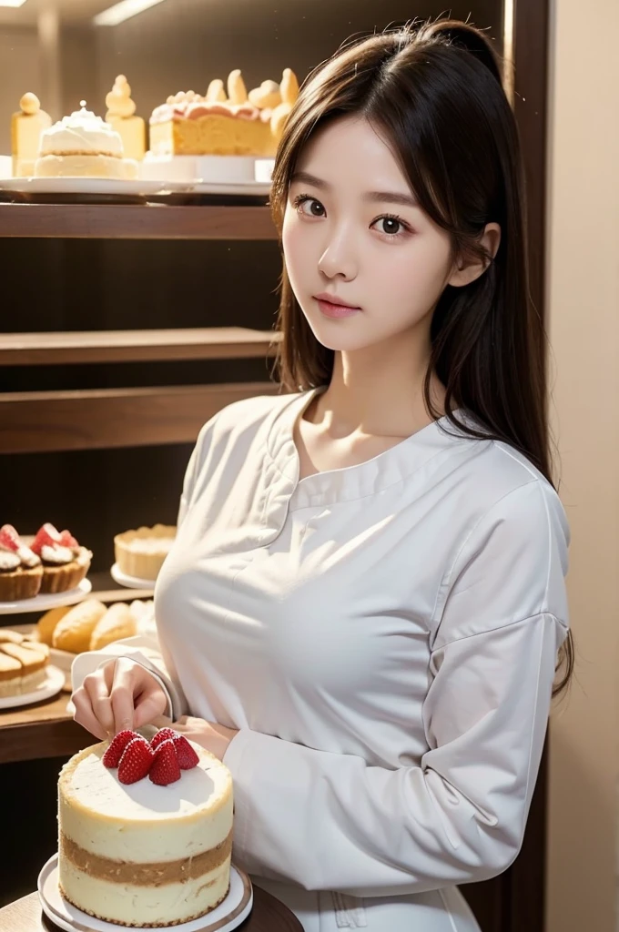 Pastry Chef、Long sleeve、(Highest quality)、((Very detailed))、4K、(8K)、masterpiece、Very detailedな、Highest quality、Super Resolution、1 person、Kind Face、Soft Light、RAW quality、Soft Skin、163cm、Cake Shop、Cheesecake