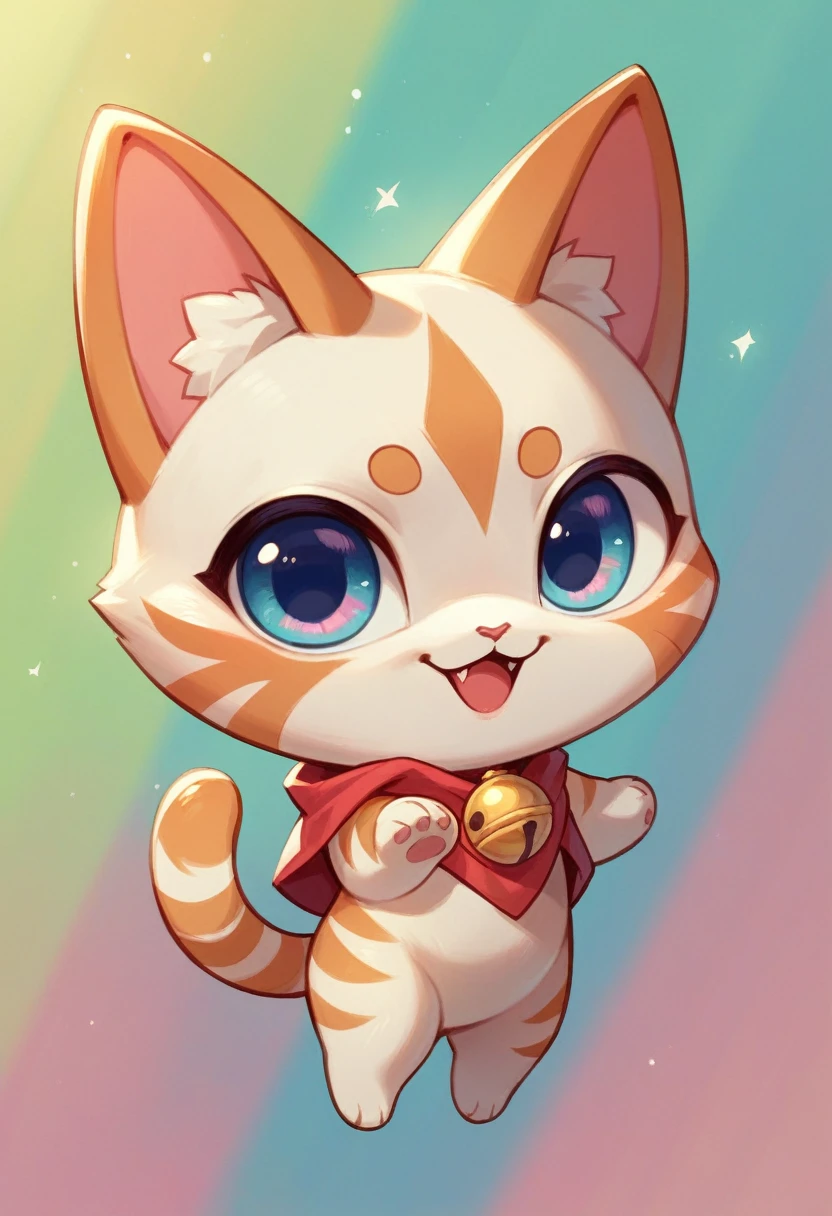 A cute cat with big shiny eyes in 3D chibi style with a cheerful and colorful background