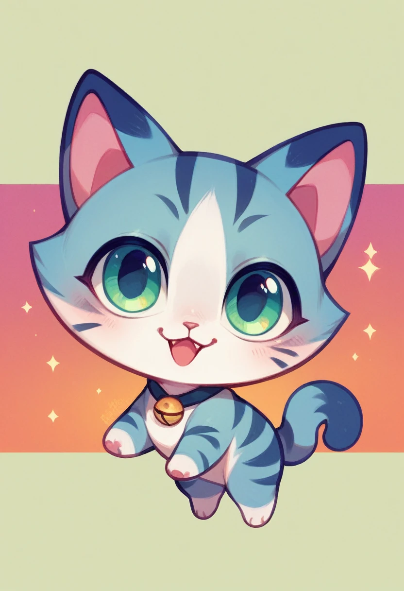 A cute cat with big shiny eyes in 3D chibi style with a cheerful and colorful background