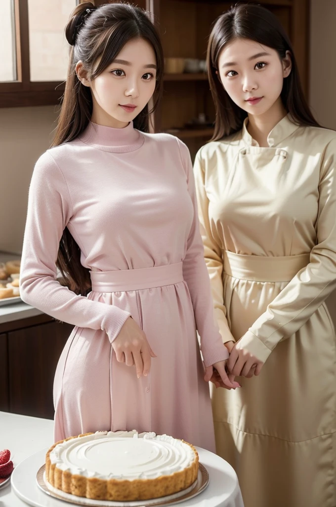 Pastry Chef、Long sleeve、(Highest quality)、((Very detailed))、4K、(8K)、masterpiece、Very detailedな、Highest quality、Super Resolution、1 person、Kind Face、Soft Light、RAW quality、Soft Skin、163cm、Cake Shop、Cheesecake、Waist