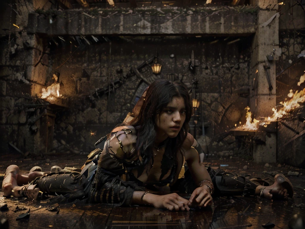 Create a hyper-realistic and cinematic fight-themed image in a real abandoned kingdom setting at night, with drizzle and gloomy atmosphere. The image must be ultra HD, with high real fur, hyper detailed, 4K quality, and 8K resolution. Use studio lighting, ultra-fine painting, sharp focus and physically based rendering. The scene includes Peu, an athletic and majestic boy like a general, African warrior with pretentious smile, sweaty, with muscular body, strong arms and clean abs. He wears worn-out Santos FC armor, Pants and boots with ankle wraps, segurando uma espada melada de bloodstains. He walks in intense action between Roman-style marble statues of Neymar, Skin, Rodrigo, JP Chermont, Paulo Robson, Young, Leo and Zito. The background is a war scene with the São Paulo mascot lying on the ground, somewhat out of focus and defeated., with a Santos flag planted on the side. The setting includes a post-apocalyptic city in ruins, skulls and footballs on the floor, Large ancient cities burning in the background, chuva pesada, polluted environment, skull masks, bloodstains, Tornado, empty chairs, tangled roots, chave, misshaped, mutilated, ethereal, glass and debris. particle effects, high-quality shadows, Epic explosion background, fire, sparks, smoke. Artistic style influenced by Mathias Kollros, Darek Zabrocki, Jean-Baptiste Monge, ismail inceoglu, Vadim Kashin e Greg Rutkowski. Steampunk is demonpunk, with elements of surrealism and disturbing. HDR, cel-shaded, ray tracing.