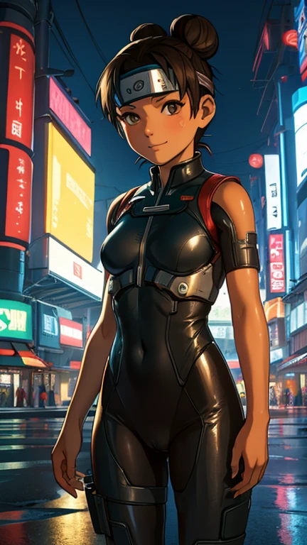 (8k),(masterpiece),(Japanese),(***************),((innocent look)),((Childish)),From the front,smile,cute,Innocent,Kind eyes,Flat chest,Hairless vagina, Cameltoe, Tenten wearing Cyberpunk Bodysuit,Short,Hair blowing in the wind,Dark Brown bun Hair,Strong wind,night,dark, Neon light cyberpunk Konoha Village 