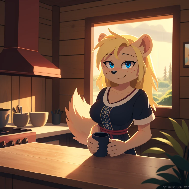 minerva, medium breast,
(detailed blonde hair:1.4), (detailed perfect eyes:1.2), white fur, (detailed fluffy fur:1.2), perfect hourglass body, mink snout, (long fluffy blonde tail:1.3), beautiful black eyes, relaxed pose, looking at viewer,
(freckles:1.2), light smile,
serving coffee,
(masterpiece:1.2), (best quality:1.2), (intricate:1.2), (highly detailed:1.2), (sharp:1.2), (8k:1.2), (highres:1.2),
cinematic summer tropical lighting, vivid colors,
kitchen, wooden cabin,
window, forest, rain,
aliceinwonderlandoutfit