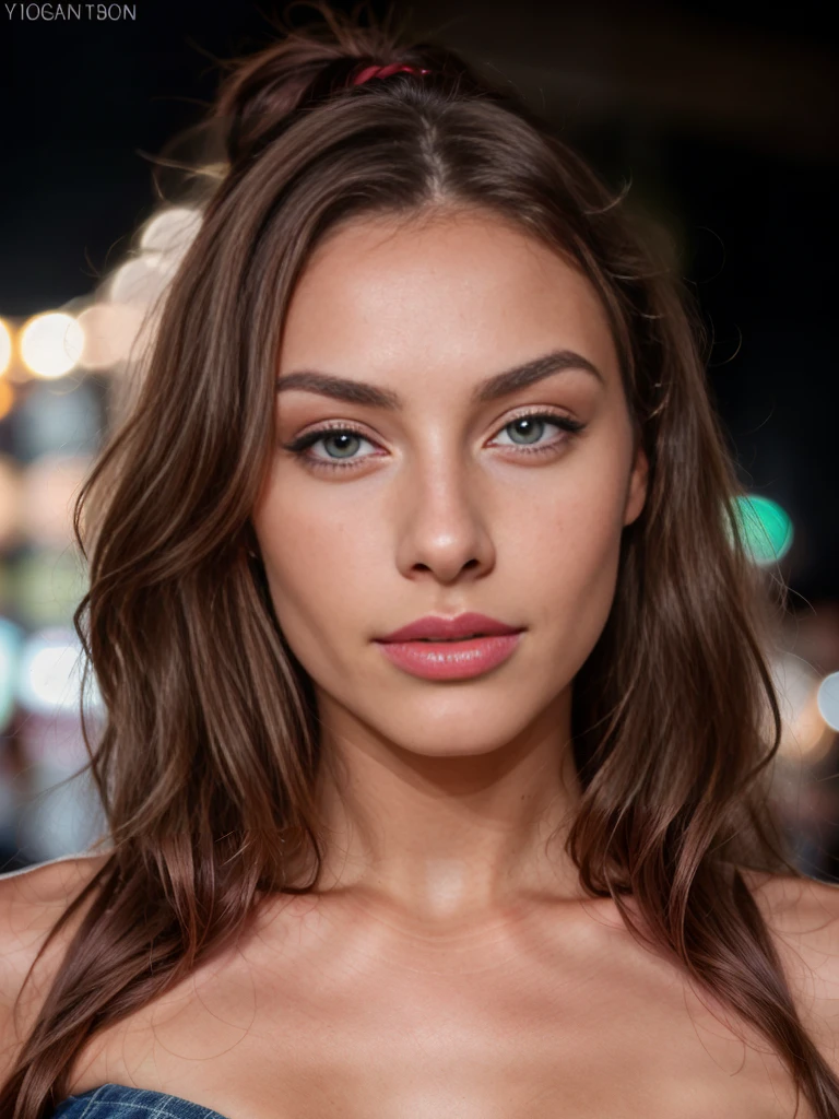 1girl, beautiful detailed eyes, beautiful detailed lips, extremely detailed eyes and face, long eyelashes, young woman, elegant, brown hair, open hair, green eyes, full red lips, smile, snub nose, freckles, tanned skin, thick dark eyebrows, seductive look, high defined cheekbones, curled long eyelashes, curves, 22 year old Italian model, dance, nightclub, light natural makeup, full body shot, strapless denimdress, (best quality,4k,8k,highres,masterpiece:1.2),ultra-detailed,(realistic,photorealistic,photo-realistic:1.37),HDR,UHD,studio lighting,ultra-fine painting,sharp focus,physically-based rendering,extreme detail description,professional,vivid colors,bokeh,portrait