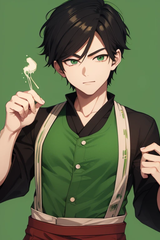 Handsome Japanese boy, black hair, faded cut, slim build, strong green eyes, short-sleeved vest, neo green shirt with slime print, red green jeans, green background