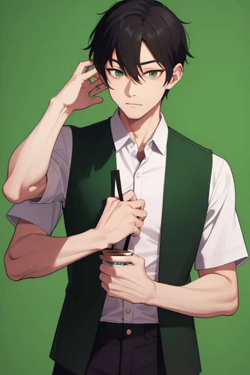 Handsome Japanese boy, black hair, faded cut, slim build, strong green eyes, short-sleeved vest, neo green shirt with slime print, red green jeans, green background