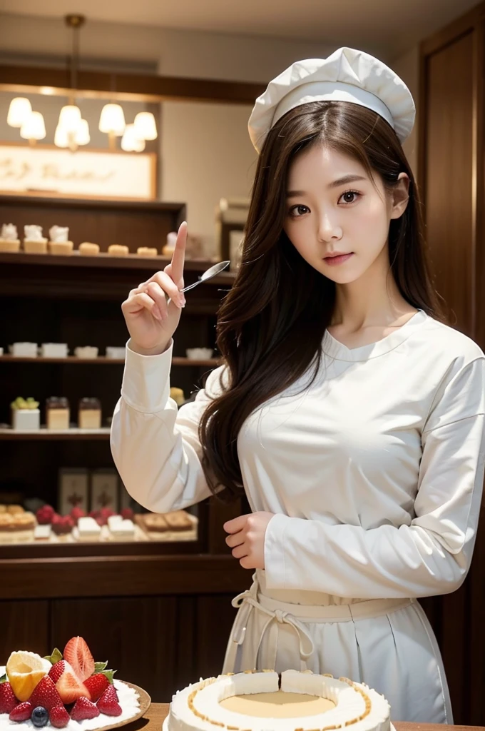 Pastry Chef、Long sleeve、(Highest quality)、((Very detailed))、4K、(8K)、masterpiece、Very detailedな、Highest quality、Super Resolution、1 person、Kind Face、Soft Light、RAW quality、Soft Skin、163cm、Cake Shop、Cheesecake、Waist、Cut cake