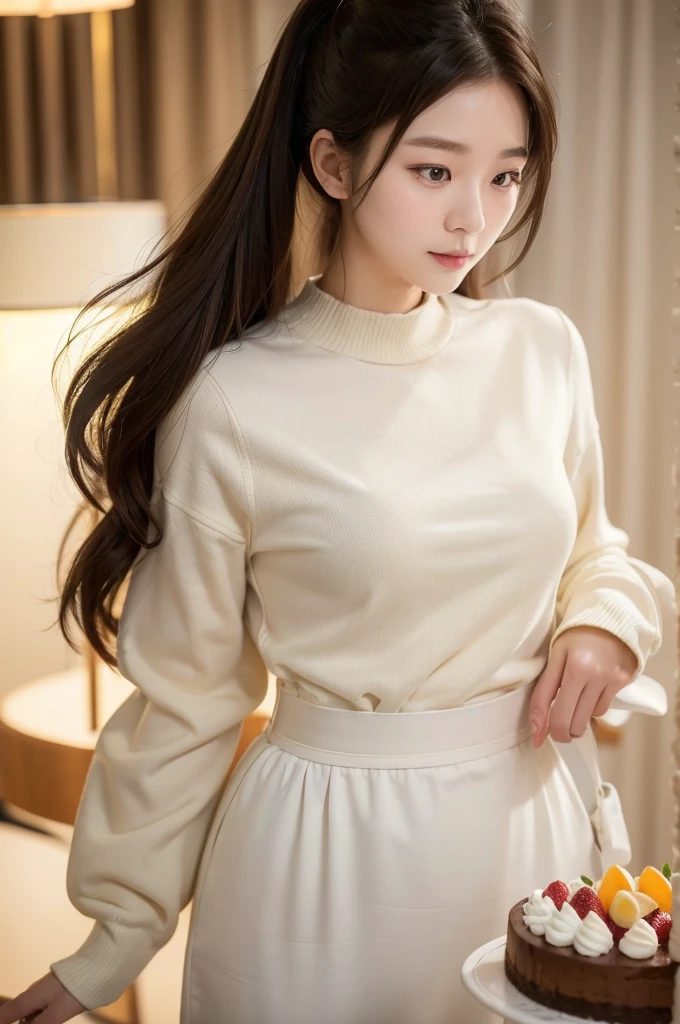 Pastry Chef、Long sleeve、(Highest quality)、((Very detailed))、4K、(8K)、masterpiece、Very detailedな、Highest quality、Super Resolution、1 person、Kind Face、Soft Light、RAW quality、Soft Skin、163cm、Cake Shop、Cheesecake、Waist、Cut cake