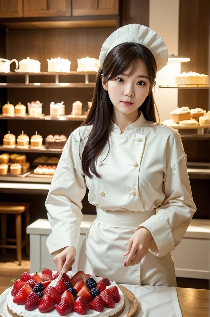 Pastry Chef、Long sleeve、(Highest quality)、((Very detailed))、4K、(8K)、masterpiece、Very detailedな、Highest quality、Super Resolution、1 person、Kind Face、Soft Light、RAW quality、Soft Skin、163cm、Cake Shop、Cheesecake、Waist、Cut cake
