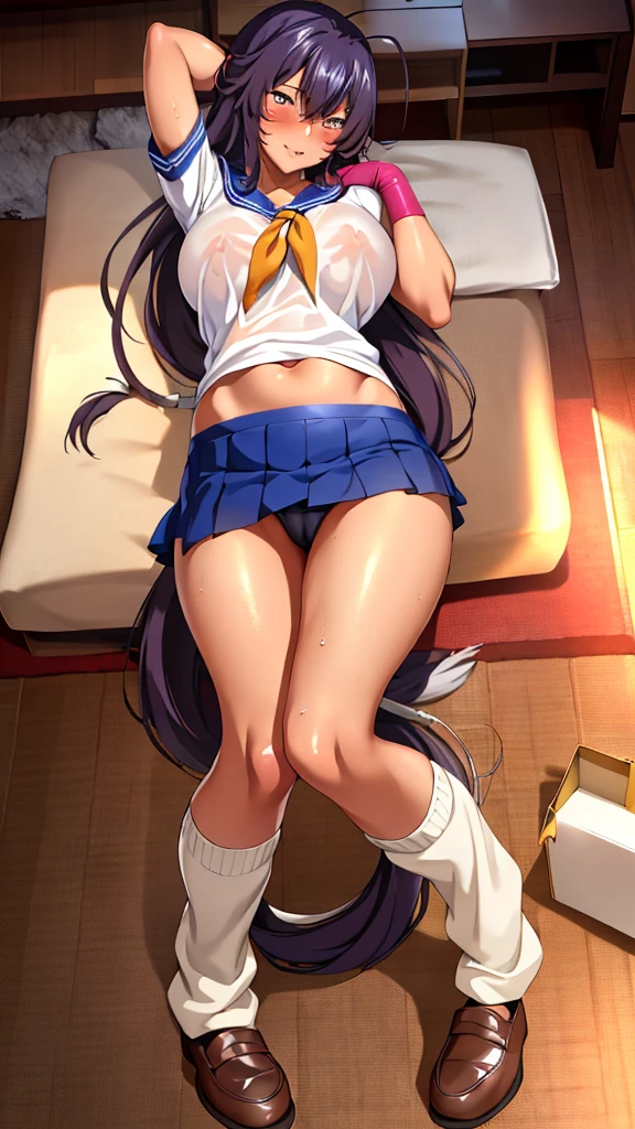 An unparalleled masterpiece, 8K, high quality,Perfect artwork, , One girl,18-year-old,Muscular woman, Guan Yu Yunchang(A warrior worth a thousand men),Fingerless gloves, abdomen, loose socks, too short pleated skirt, Yellow neckerchief, Earrings, loafers, Long hair tied low, Hair on one eye, clean, Beautiful Face, Frustrated face、Naughty smile、blush、Sweatだく、, Shiny Hair, Inner hair color, Hair Details, Long eyelashes, Braiding, (Beautifully detailed eyes and face), Extremely detailed, Amazing lighting effects, (Sexy pose:1.2),Large Breasts,Erect nipples,Cleavage,belly button,Underbust,(pink micro panties,Camel Toe:1.2),(Sheer white shirt:1.3),(blush,Embarrassment:1.2),Sitting,(Sweat:1.2),From below,Look down,Spread your legs、Squat with your legs apart、Transparent nipples、Detailed costume、