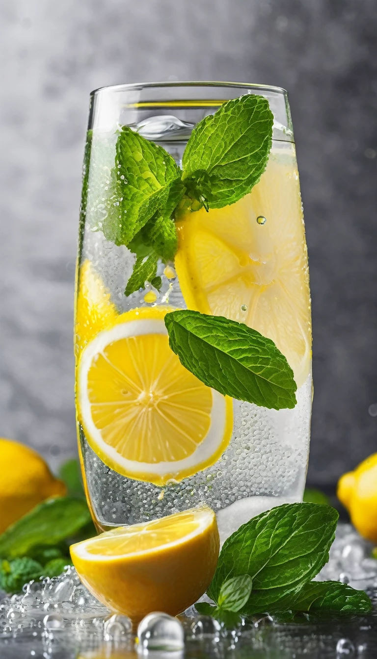 In a clear glass with water droplets floating in it、Lemon squash with floating mint leaves