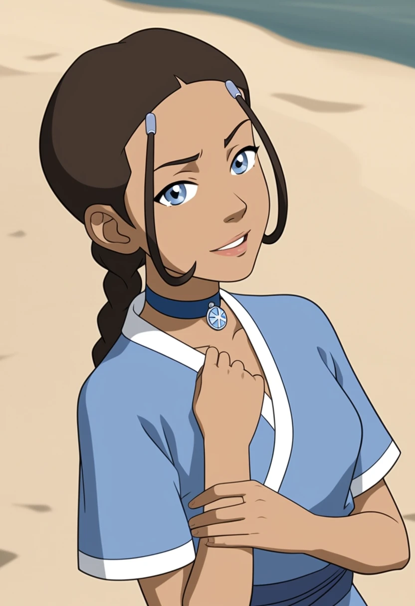 score_9_up, score_8_up, score_7_up, 1girl, solo, mature female, ((Katara)), Latin skin color, brown braided hair, blue eyes, pink lips, parted lips, fit slim body, ((perfect medium erected breast)), (((blue beach tunic, blue choker))), (((Iceland beach))), perfect model body, wide hips, naughty smile, seductive pose