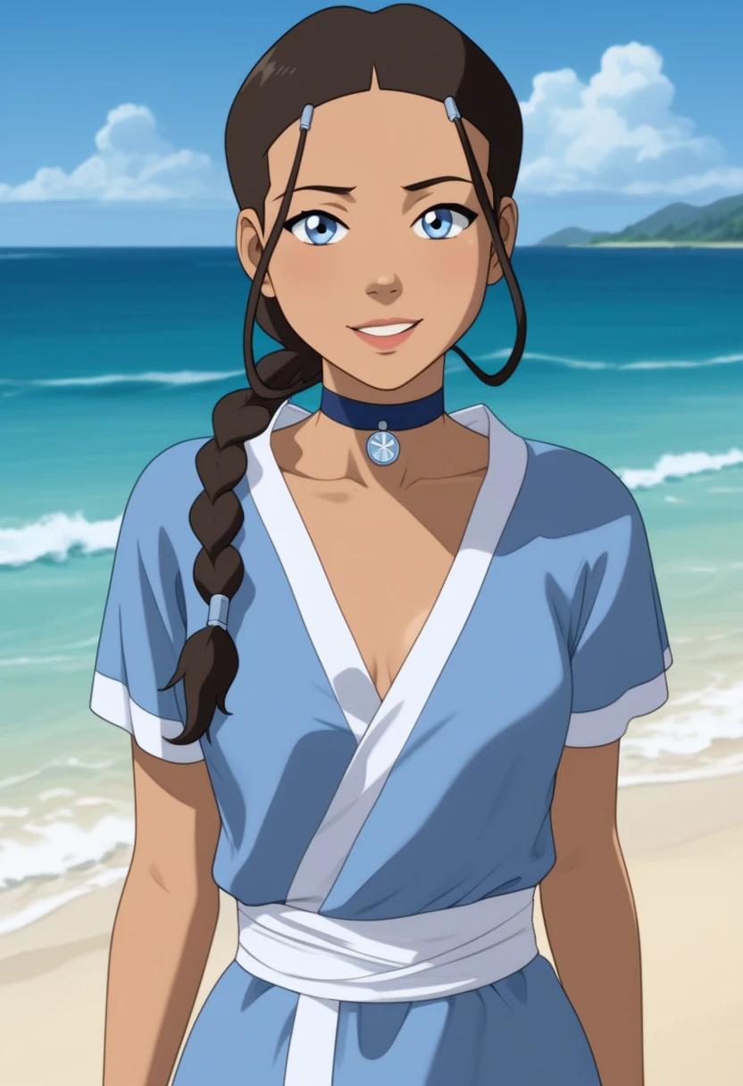 score_9_up, score_8_up, score_7_up, 1girl, solo, mature female, ((Katara)), Latin skin color, brown braided hair, blue eyes, pink lips, parted lips, fit slim body, ((perfect medium erected breast)), (((blue beach tunic, blue choker))), (((Iceland beach))), perfect model body, wide hips, naughty smile, seductive pose