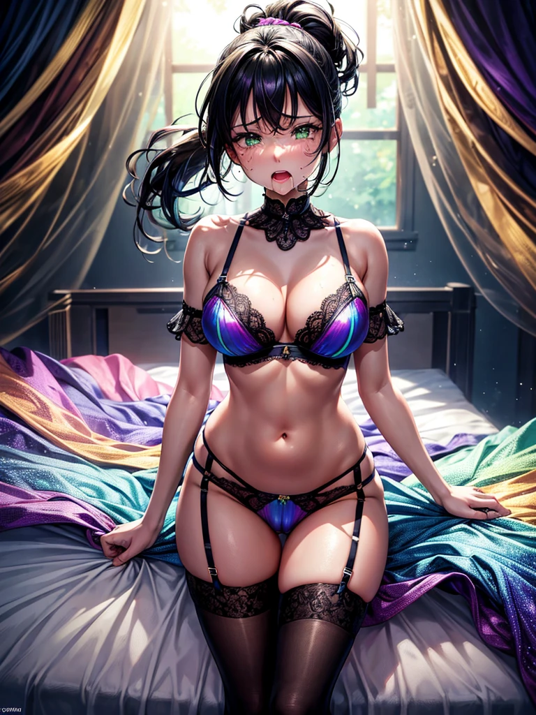 Highest quality,Highest Resolution,４K quality,A beautiful girl with a crying face spilling a lot of seductive saliva,Full body close-up,Drink a glass of water,,Yellow-green eyes,Black hair ponytail,,Iridescent Bra,Iridescent underwear,High leg,Rainbow garter belt,Rainbow colored knee-high stockings,Dark bedroom at night,Purple bedding,Sweating profusely,Open your mouth,Tears,Iridescent underwear,Standing posture,