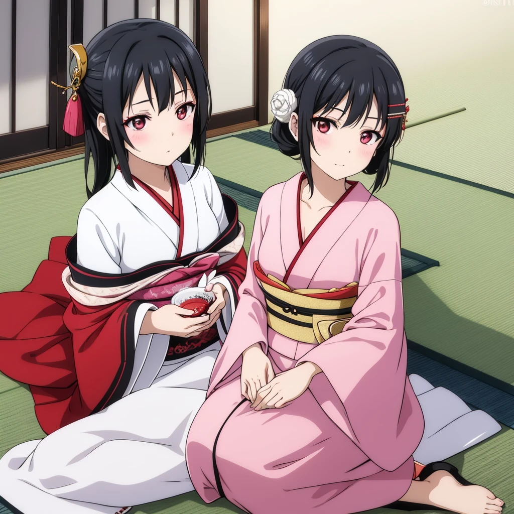 Geisha, white make up, kimono, red eyeshadow, black hair, black eyes, sit on tatami, looking at viewer, blush, pink blush,