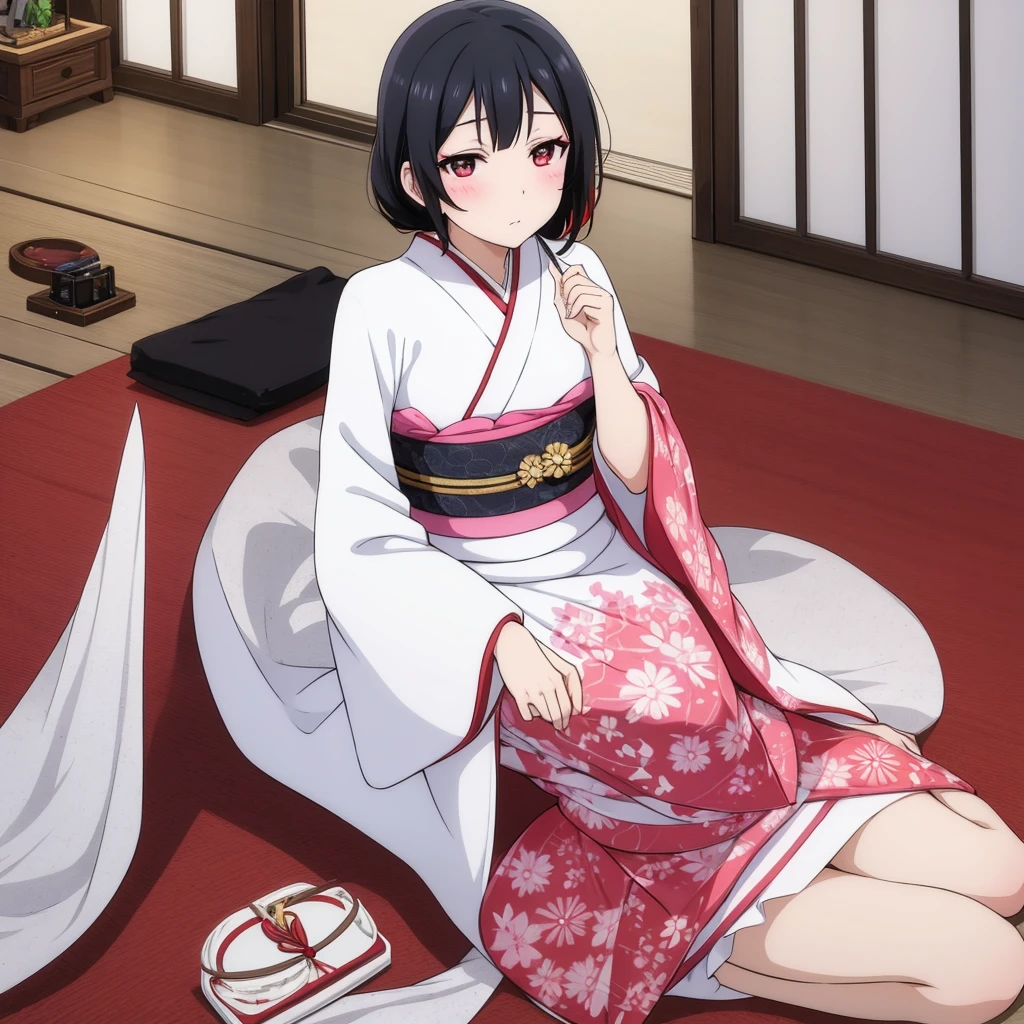 Geisha, white make up, kimono, red eyeshadow, black hair, black eyes, sit on tatami, looking at viewer, blush, pink blush,