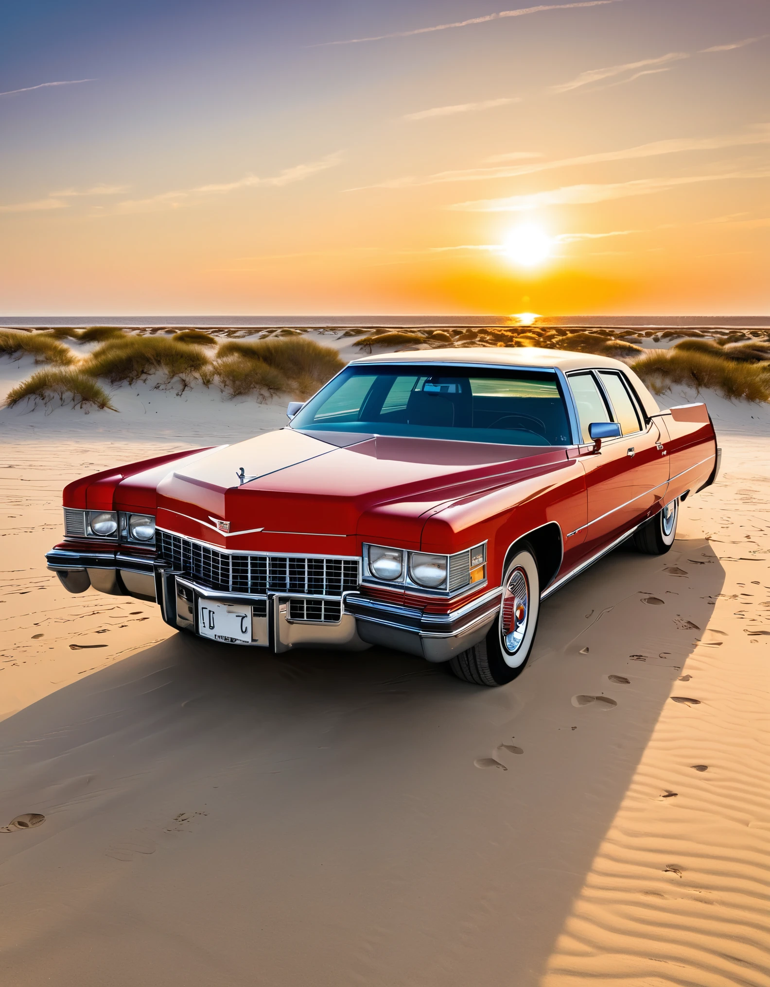 A red Cadillac with its doors open, parked on a beach under a bright sun. The car is facing the camera, with sunlight reflecting off the windshield. The background shows sandy dunes and a clear sky. The license plate reads 'Texas GFP-78M,' capturing a moment of stillness and nostalgia