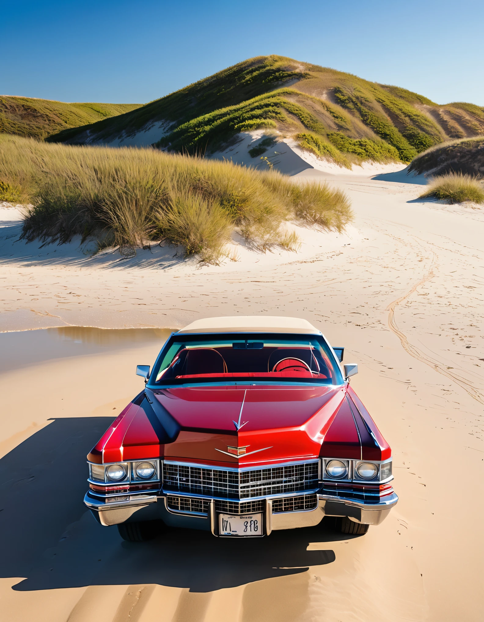 A red Cadillac with its doors open, parked on a beach under a bright sun. The car is facing the camera, with sunlight reflecting off the windshield. The background shows sandy dunes and a clear sky. The license plate reads 'Texas GFP-78M,' capturing a moment of stillness and nostalgia
