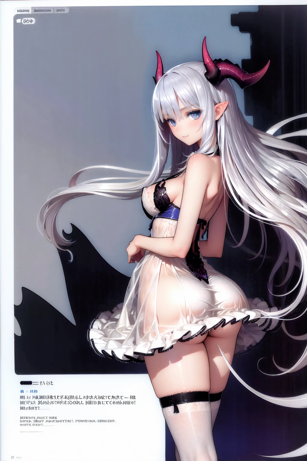 (((1 demon girl))), ((detailed blue eyes)), ((long silver hair)), large breasts, perfectly drawn body, seductive smile, lingerie, perfect butt, rear view, backside view, best quality, masterpiece, ultra-detailed