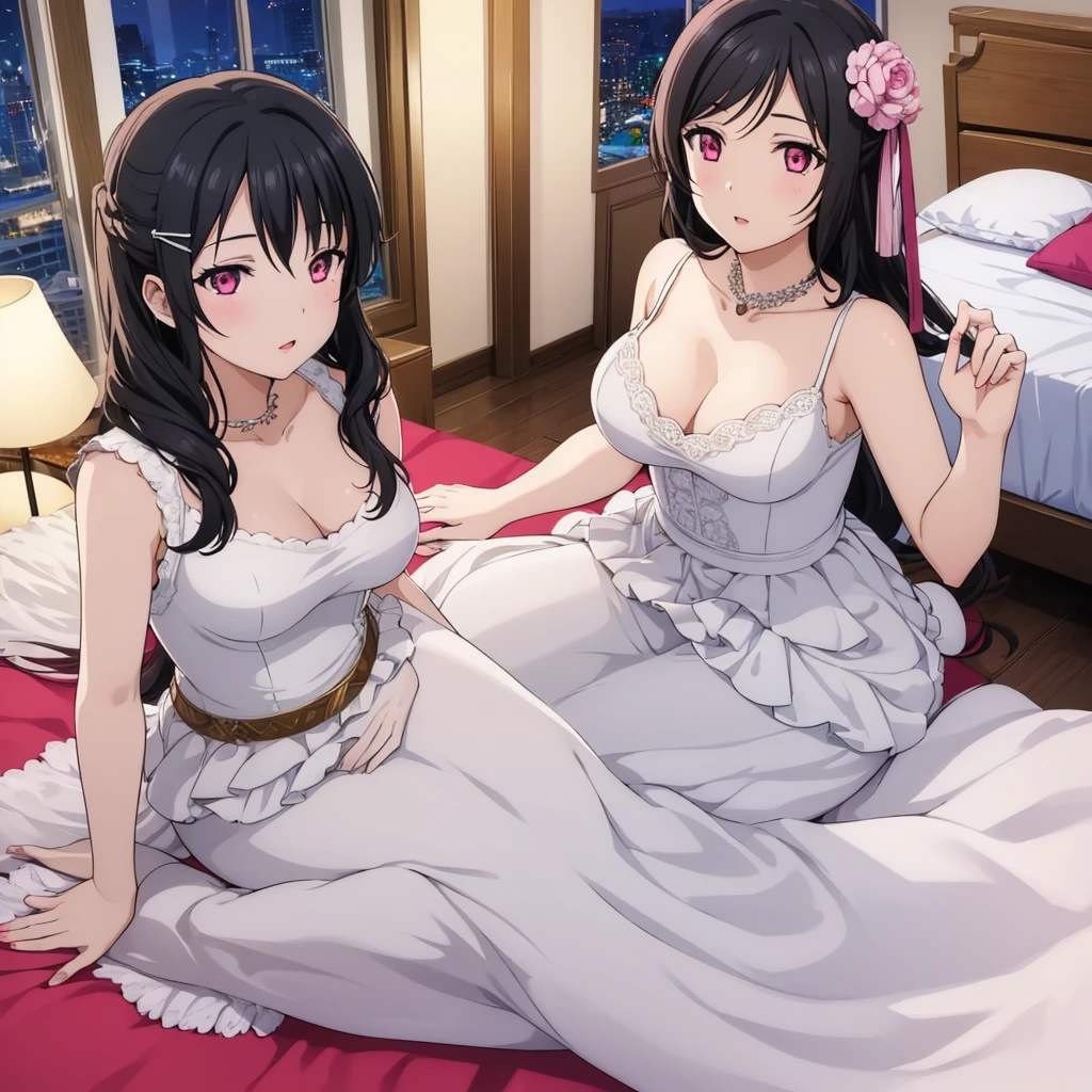 1girl, mature female, 30 years old female, large breasts, cleavage, white wedding dress, hair ornament, ball gown dress, long hair, black hair, pink eyes, red lips, sit on bed at bedroom, night, 