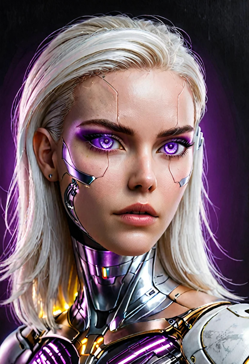 Hyperrealistic art zavy-cbrpnk, portrait de mulher branca cyborg mixed, mesmerizing purple illuminated eyes, long white hair, looking at front. panel . Extremely high resolution details, photographic, realism taken to the extreme, fine texture, stunningly lifelike