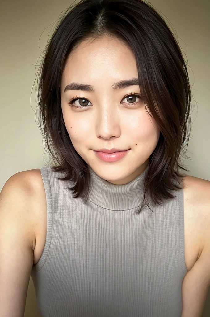 You are a professional photographer。future、Beautiful Eyes、 ((Highest quality)), Clear contours, Woman with beautiful face, (((One Girl,alone))), ((Beautiful Eyes)), Sex Appeal,Albedo and Specular Maps、Accurate simulation of lightweight material interactions、A woman taking a photo in a sleeveless turtleneck, Light Smile、perfect body,Very Short Hair,Thighs,Thighs、