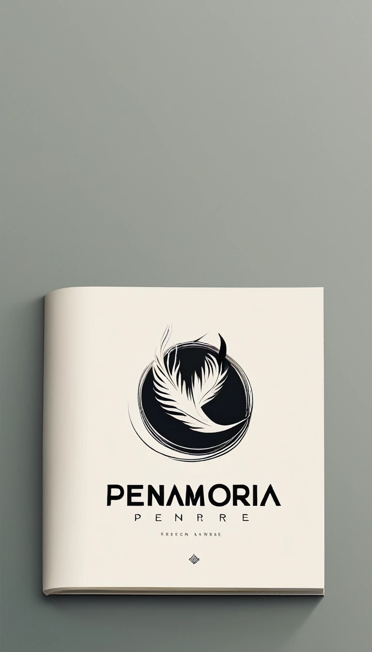A minimal, modern, simple, cinematic logotype for the brand “Penamemoria". The logotype must be a simple, magical feather and a boy playing acoustic guitar. The logo must convey a sense of music, stories and dreams. Logo design impressed on a book cover. Minimalistic logo
