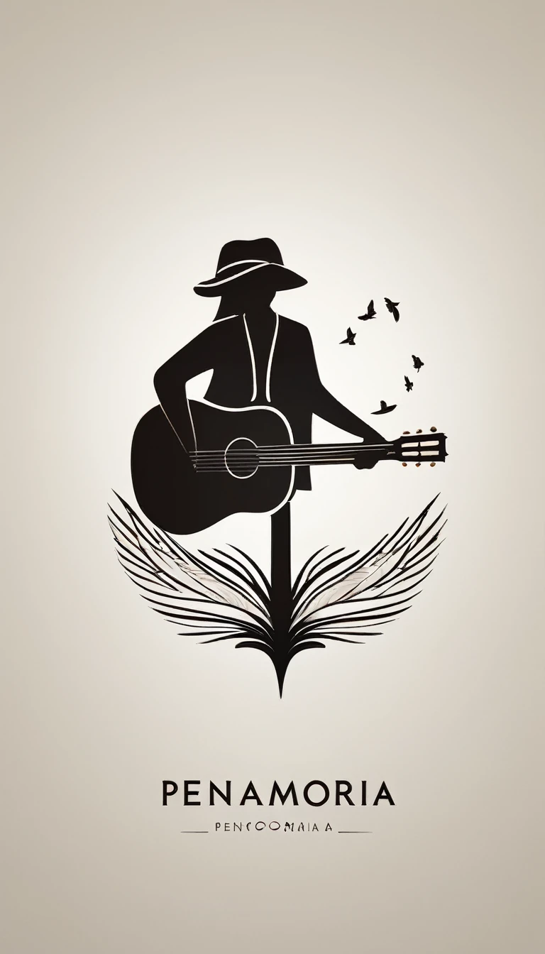 A minimal, modern, simple, cinematic logotype for the brand “Penamemoria". The logotype must be a simple, magical feather and a boy playing acoustic guitar. The logo must convey a sense of music, stories and dreams. Logo design impressed on a book cover. Minimalistic logo