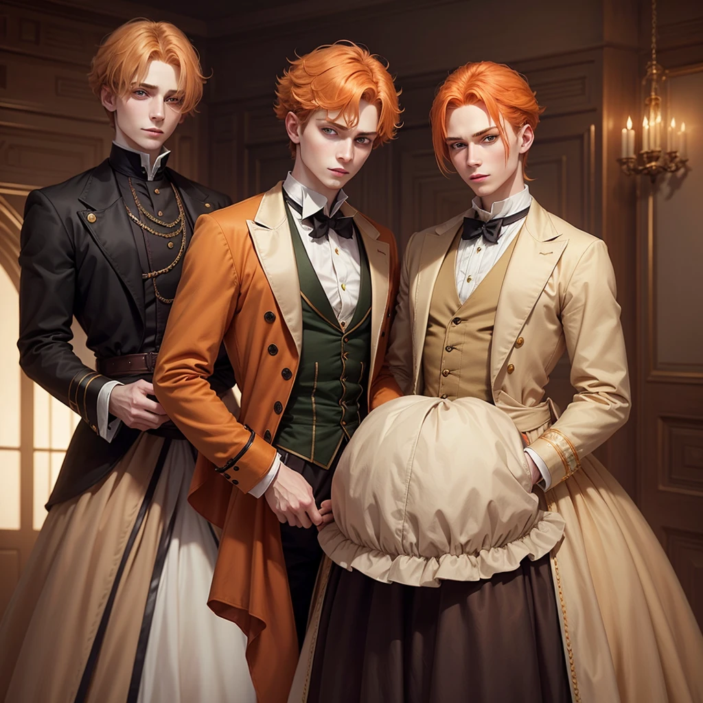 Fantasy prince orange hair and victorian beige clothes green eyes, dark colors