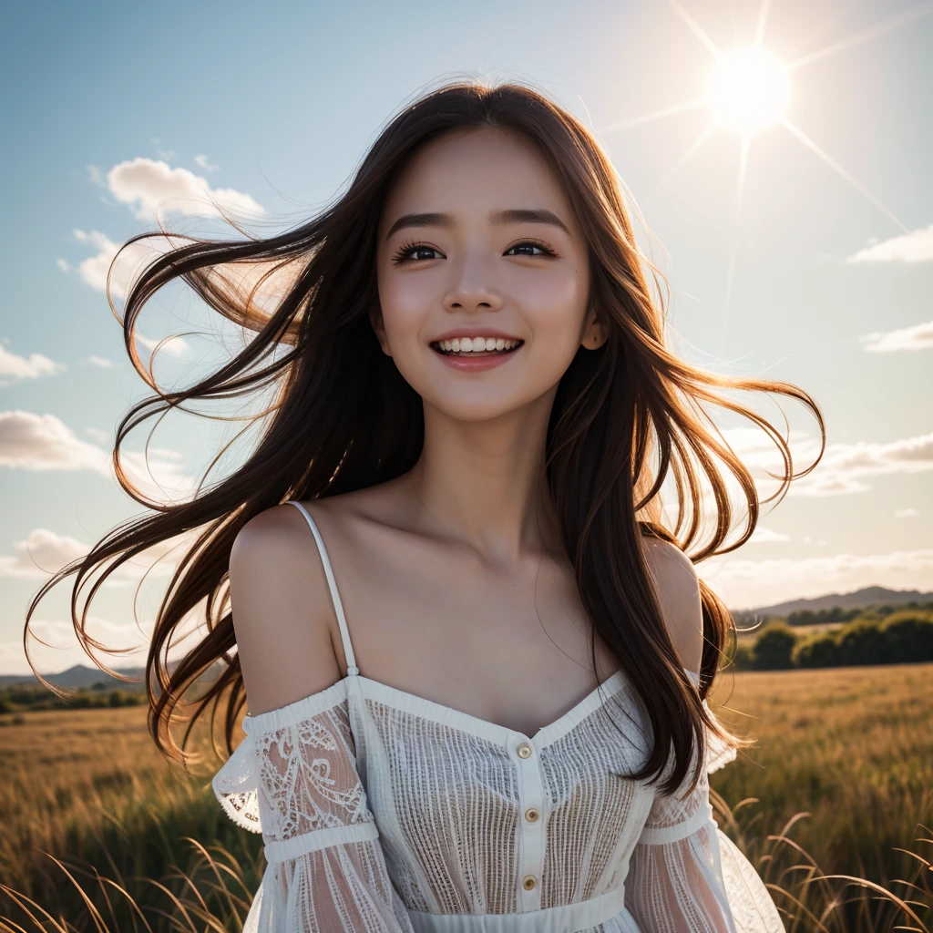 Close-up, masterpiece, Highest quality, Raw photo, Photorealistic、unbelievably ridiculous, Beautiful girls, Off-the-shoulder dress、Long Hair、Large Breasts、smile、Hair blowing in the wind、Looking up at the sky、The sun is dazzling, So I raised my hands and squinted my eyes.、grassland、Depth of written boundary, High resolution, Ultra-detailed, In detail, Very detailed, Very detailed目と顔, Sharp pupils, Sharp focus, Cinema Lighting
