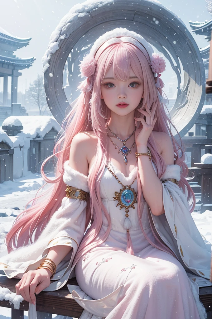 Works of masters，Best image quality，ultra high resolution，8K resolution，Sitting，solo person，femele，ssmile，long whitr hair，Pink hair，crossed bangs，Wave head，Bracelet，Collar，pendant，Lolita costume，snowflower，Winters，Temple，New Year，Opal rendering，Cinematic lighting，(Falling snow，cloaks)，