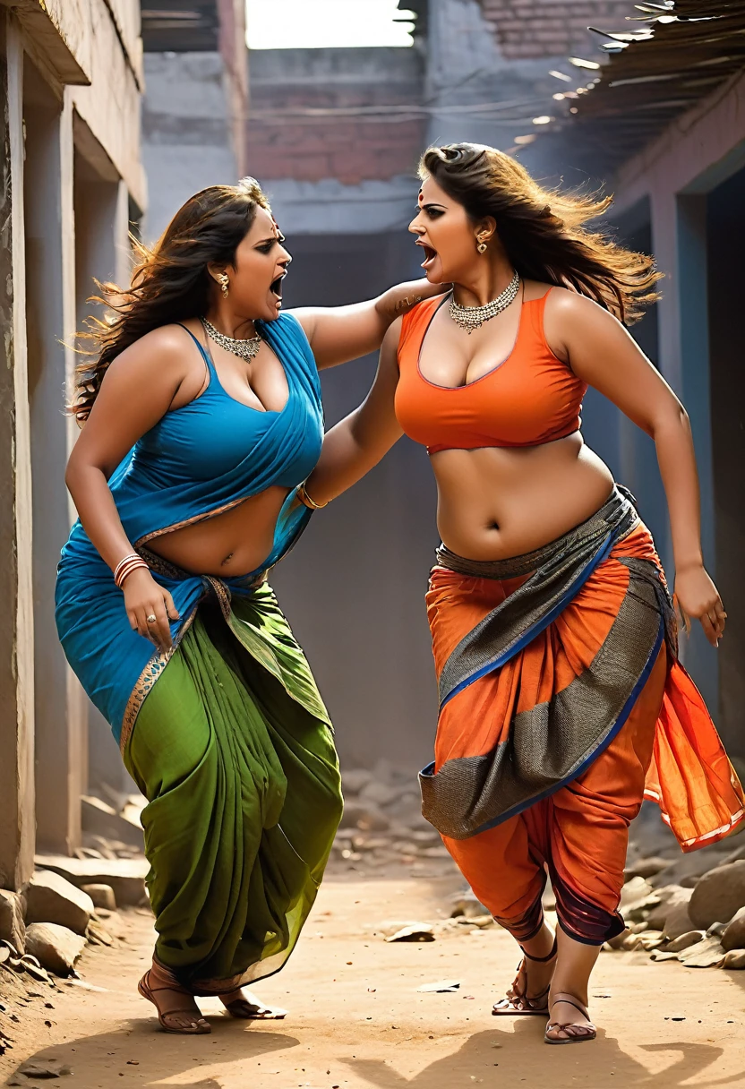 Two extremely bold stunningly equally voluptuous Bhojpuri fierce rival film actresses, their equally huge big bosoms heaving as they engage in a heated sweaty battle of fiercely brutal hugging of extreme anger in a cramped, abandoned dwelling. Their gaze locked in a moment of intense anger and rivalry as both tearing apart each other’s extremely bold equally big cleavage revealing sleeveless low cut tight short mujra dance attires. This vivid image captured in a photograph showcases the violently horror and evenly matched power of animosity between these two equally large-busted and plus-sized heavyweight women. The scene exudes a raw and visceral energy, with sweat glistening on their skin and their expressions portraying a mix of intense anger and determination. Each detail, from their flowing wild long hair to the tension in their tight angry grip, adds layers of complexity to the fighting between 2 evenly matched extreme beautiful angry rival females by narrative of this captivating image