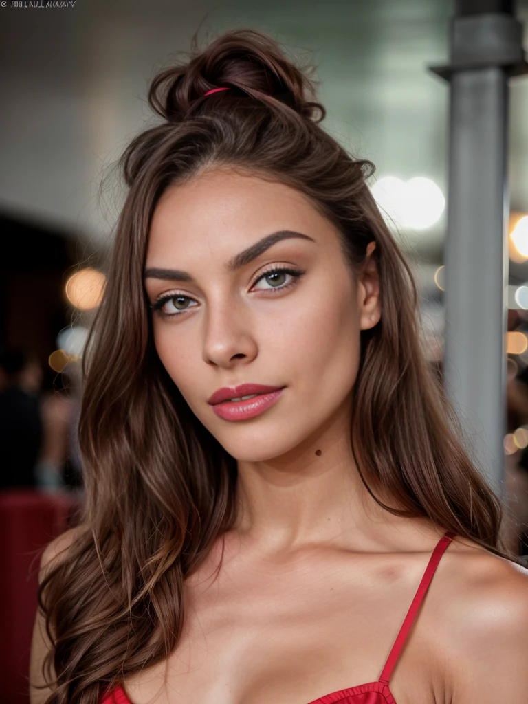 1girl, beautiful detailed eyes, beautiful detailed lips, extremely detailed eyes and face, long eyelashes, young woman, elegant, brown hair, open hair, green eyes, full red lips, smile, snub nose, freckles, tanned skin, thick dark eyebrows, seductive look, high defined cheekbones, curled long eyelashes, curves, 22 year old Italian model, dance, nightclub, light natural makeup, full body shot, denimdress, (best quality,4k,8k,highres,masterpiece:1.2),ultra-detailed,(realistic,photorealistic,photo-realistic:1.37),HDR,UHD,studio lighting,ultra-fine painting,sharp focus,physically-based rendering,extreme detail description,professional,vivid colors,bokeh,portrait