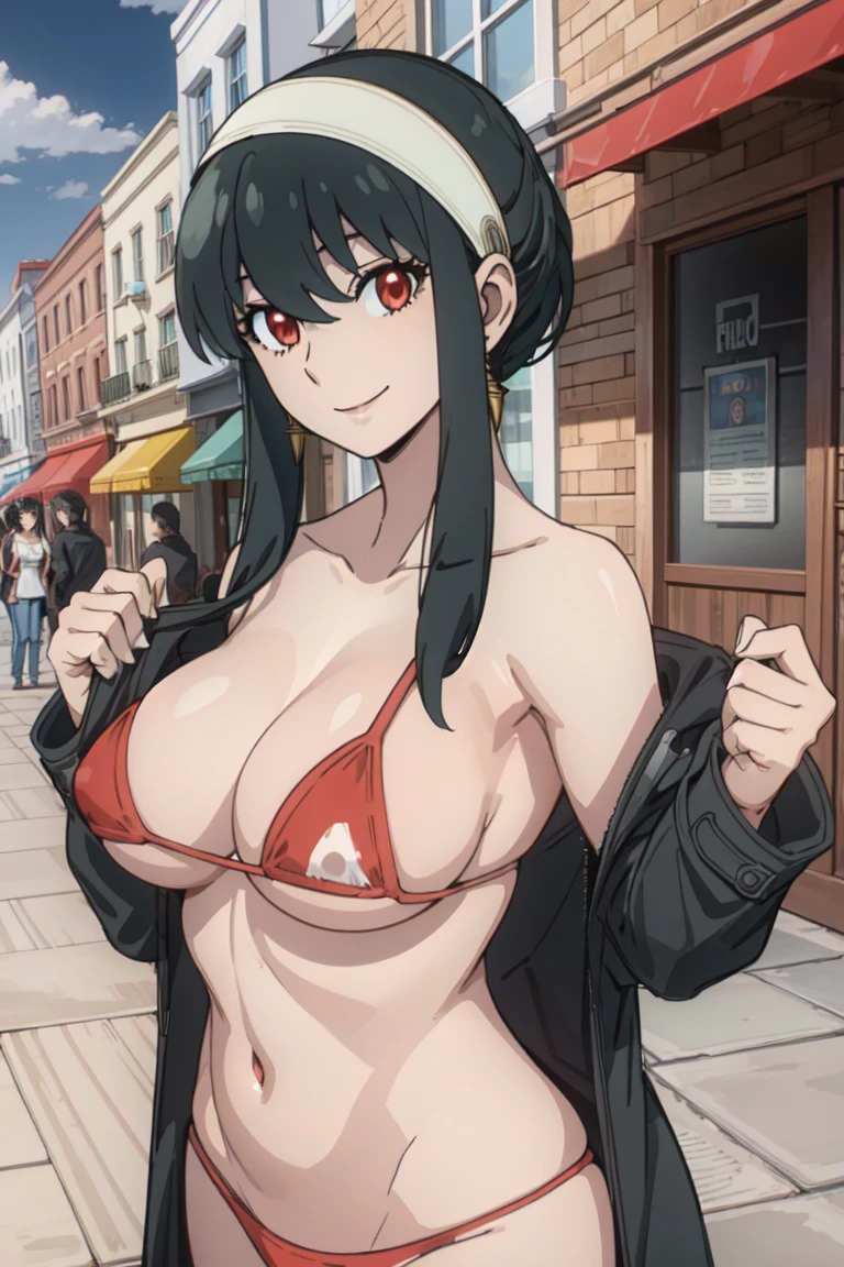 yorbriar, yor briar, black hair, (red eyes:1.5), earrings, white hairband, hairband, 
BREAK black bikini , big breasts, wide hips , milf body ,((( crowded public , everyone looking, opening her coat to flash her body , flashing her body , flashing her bikini , smile))) , emb
BREAK outdoors, city, sky, sun, clouds,
BREAK looking at viewer, (cowboy shot:1.5),
BREAK (masterpiece:1.2), best quality, high resolution, unity 8k wallpaper, (illustration:0.8), (beautiful detailed eyes:1.6), extremely detailed face, perfect lighting, extremely detailed CG, (perfect hands, perfect anatomy),