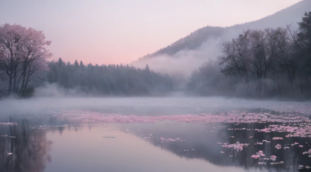 masterpiece of materpieces, PHOTOREALITIC, DENSE MIST. Smokey skies cast eerie light in the Anthropocene on a lake surrounded by cherry blossom trees, rocks on lake, snow falling, pink rose mini flowers covered in snow in enchanted forest, heavy mist and fog over the lake, fairy tale vibes, petals floating, dreamy looking, Sun burning like fire. Stars on the sky. Field filled with white flowers. PHOTOREALISTIC and cinematic. Nikon Z9
