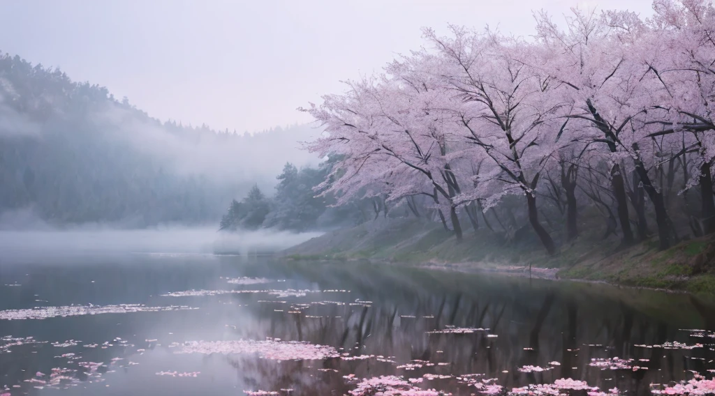 masterpiece of materpieces, PHOTOREALITIC, DENSE MIST. Smokey skies cast eerie light in the Anthropocene on a lake surrounded by cherry blossom trees, rocks on lake, snow falling, pink rose mini flowers covered in snow in enchanted forest, heavy mist and fog over the lake, fairy tale vibes, petals floating, dreamy looking, Sun burning like fire. Stars on the sky. Field filled with white flowers. PHOTOREALISTIC and cinematic. Nikon Z9
