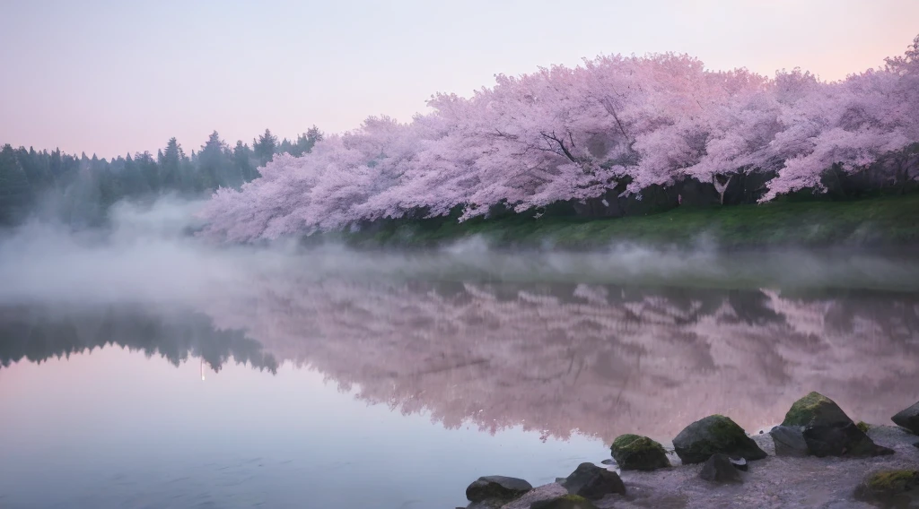 masterpiece of materpieces, PHOTOREALITIC, DENSE MIST. Smokey skies cast eerie light in the Anthropocene on a lake surrounded by cherry blossom trees, rocks on lake, snow falling, pink rose mini flowers covered in snow in enchanted forest, heavy mist and fog over the lake, fairy tale vibes, petals floating, dreamy looking, Sun burning like fire. Stars on the sky. Field filled with white flowers. PHOTOREALISTIC and cinematic. Nikon Z9