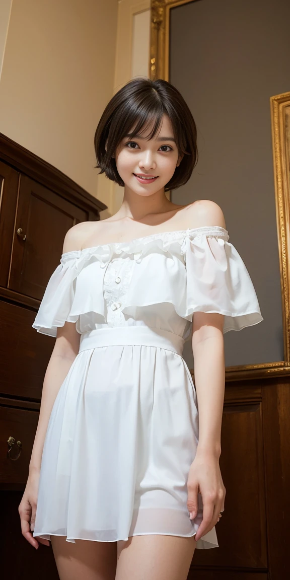 (8K,RAW Photos、RAW Photos、Highest quality、Masterpiece:1.2)、１girl、１Middle-aged men、Very detailed、Super Resolution、(Photorealistic:1.3)、((Shooting from below)),((Cowboy Shot:1.4))、Clear depiction of light and shadow、High resolution raw color photos、A living room for professional photography:1.4)))、Draw faithfully to anatomy、Very detailed and beautiful、super high quality、((girl with short cut hair:1.4))、((White color short sleeve off shoulder shirt:1.4))、((White short-sleeved off-the-shoulder chiffon dress:1.4))、((A white chiffon micro mini skirt that accentuates your thighs:1.4))、Upper Body、((赤いソファに座っているgirl:1.4))、((smile:1.4))、