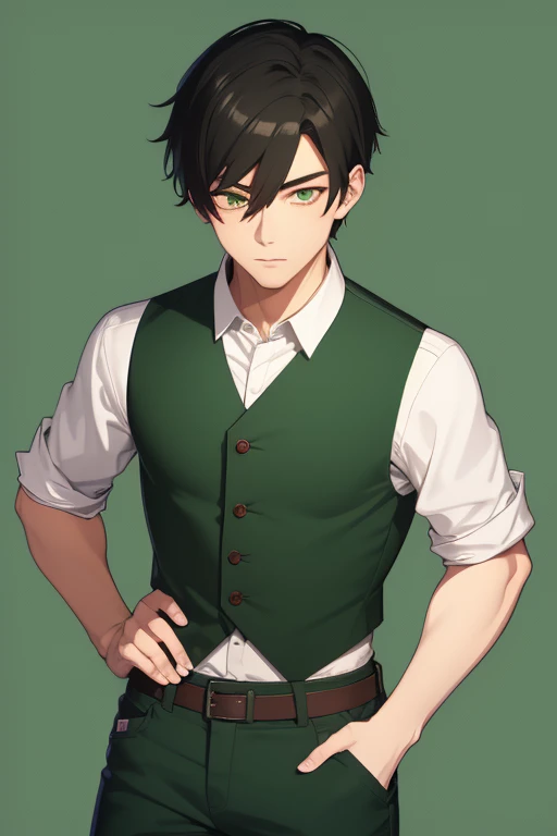 Handsome Japanese boy, black hair, faded cut, slim build, strong green eyes, short-sleeved vest, neo green shirt with slime print, red green jeans, green background
