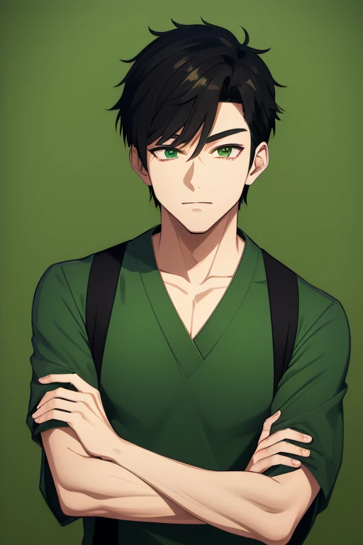 Handsome Japanese boy, black hair, faded cut, slim build, strong green eyes, short-sleeved vest, neo green shirt with slime print, red green jeans, green background