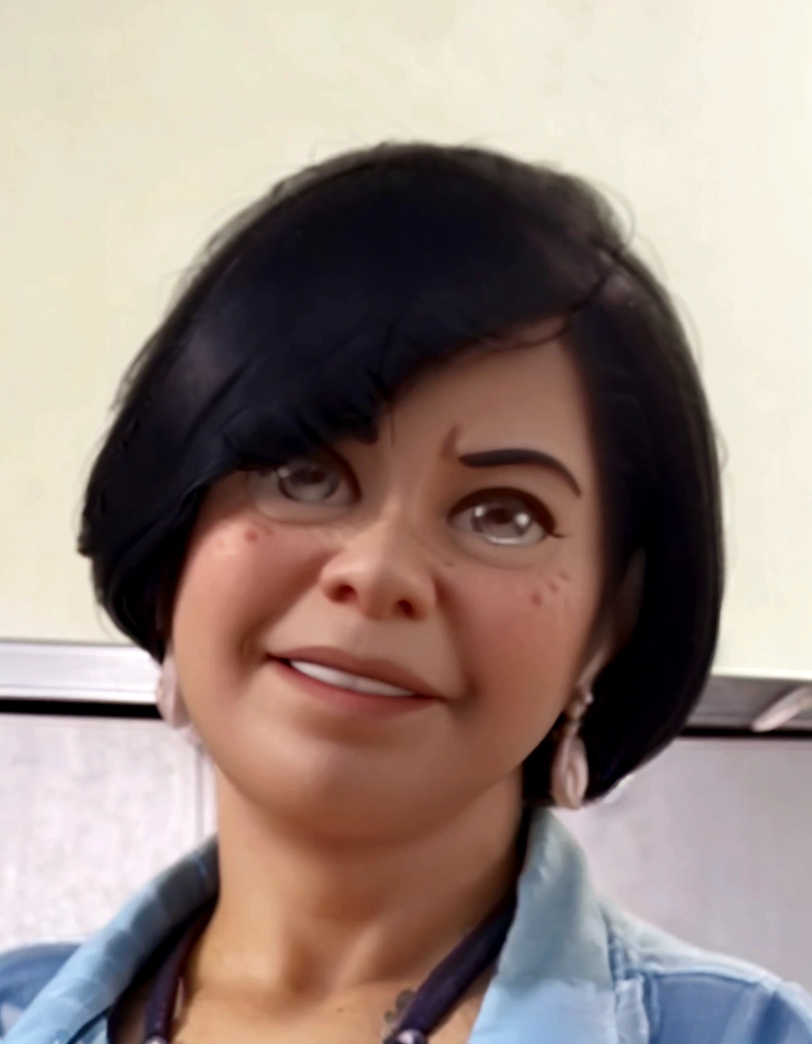 Cartoon character of a 60 year old woman, short hair, white skin, black hair, an animated character, Stylized character, animation style rendering, stylized 3D, Arnold Maya rendering, stylized 3D rendering, rendering screenshot toon, 3D Character, 3D Character, Stylized 3D Rendering, 3D Character Rendering, cartoon character, Close up Character, Character Pose, (Pixar Style) (master part:1.2) (bokeh) (best quality) ( detailed skin) (detailed texture) (8K) (clay) (cinematic lighting)