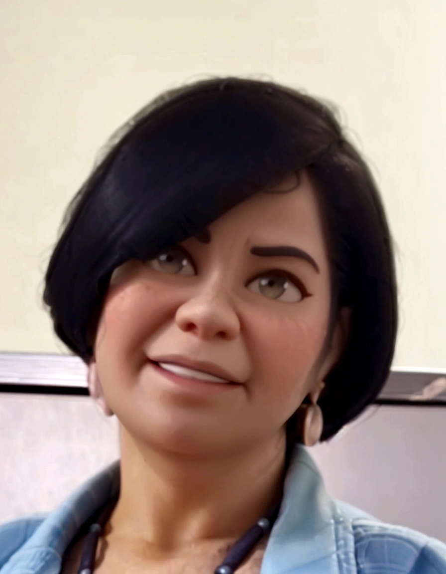 Cartoon character of a 60 year old woman, short hair, white skin, black hair, an animated character, Stylized character, animation style rendering, stylized 3D, Arnold Maya rendering, stylized 3D rendering, rendering screenshot toon, 3D Character, 3D Character, Stylized 3D Rendering, 3D Character Rendering, cartoon character, Close up Character, Character Pose, (Pixar Style) (master part:1.2) (bokeh) (best quality) ( detailed skin) (detailed texture) (8K) (clay) (cinematic lighting)