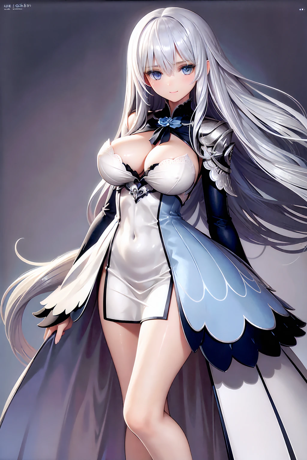 (((1 girl))), ((detailed blue eyes)), ((long silver hair)), large breasts, curvy hips, perfectly drawn body, seductive smile, white dress adorned with blue roses, best quality, masterpiece, ultra-detailed