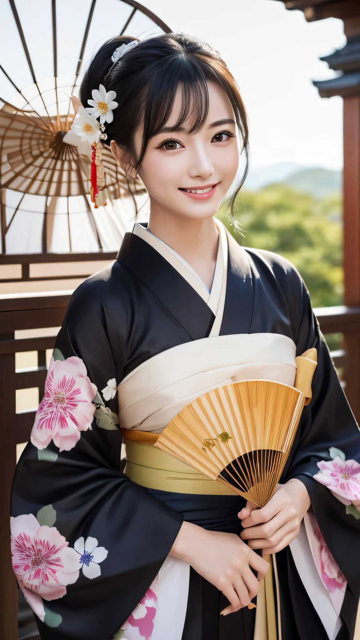 (Super beautiful woman in kimono)、((highest quality、8K masterpiece:1.3))、sharp focus:1.2、(super beautiful face:1.0)、(shiny skin:1.0)、realistic pictures、black hair、video lighting、High resolution eyes and face、video lighting、japanese actress、from the front、with a happy smile、whole body、wearing a kimono、in Kyoto、(luxury obi)、with a fan