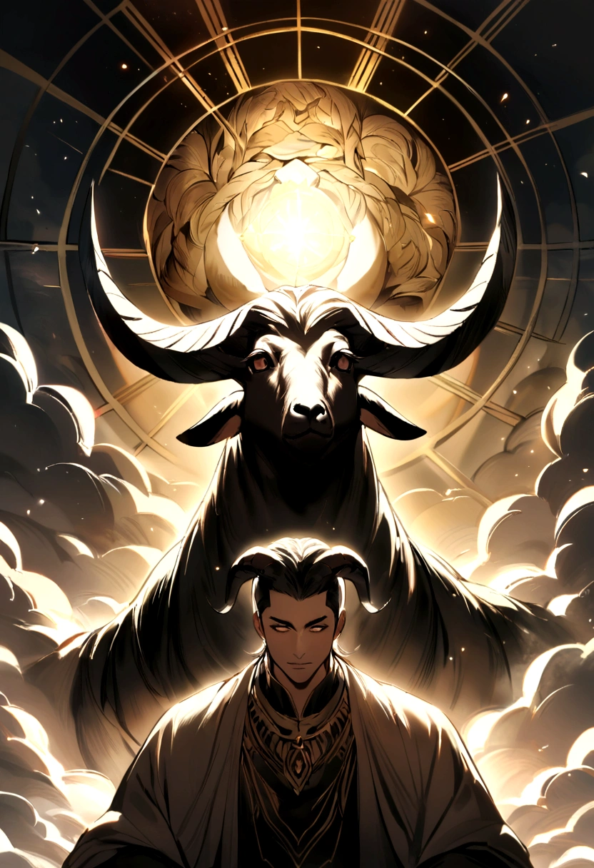 A man wearing the head of a black goat. The face of a goat. The hair of a black goat. The goat. The goat wears the wool of a goat. The body of a goat is black. The legendary human being thickens and protects mountains.