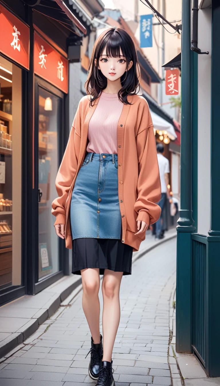 20 year old Japanese girl、Standing on a street corner、thin、Casual clothing,((Beautiful long black hair))。Highest quality。