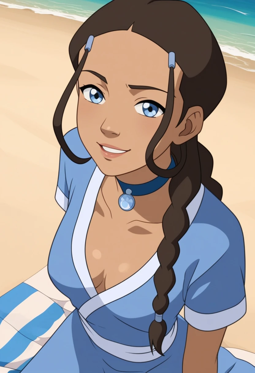 score_9_up, score_8_up, score_7_up, 1girl, solo, mature female, ((Katara)), Latin skin color, brown braided hair, blue eyes, pink lips, parted lips, fit slim body, ((perfect medium erected breast)), (((blue beach tunic, blue choker))), (((Iceland beach))), perfect model body, wide hips, naughty smile, kneeling and showing her blue transparent underpants, from behind