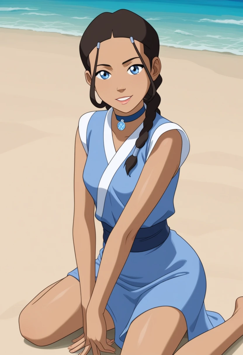 score_9_up, score_8_up, score_7_up, 1girl, solo, mature female, ((Katara)), Latin skin color, brown braided hair, blue eyes, pink lips, parted lips, fit slim body, ((perfect medium erected breast)), (((blue beach tunic, blue choker))), (((Iceland beach))), perfect model body, wide hips, naughty smile, kneeling and showing her blue transparent underpants, from behind