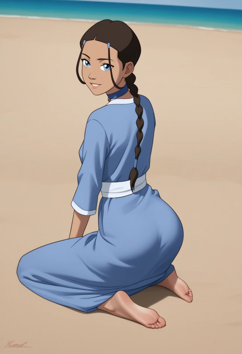 score_9_up, score_8_up, score_7_up, 1girl, solo, mature female, ((Katara)), Latin skin color, brown braided hair, blue eyes, pink lips, parted lips, fit slim body, ((perfect medium erected breast)), (((blue beach tunic, blue choker))), (((Iceland beach))), perfect model body, wide hips, naughty smile, kneeling and showing her blue transparent underpants, from behind