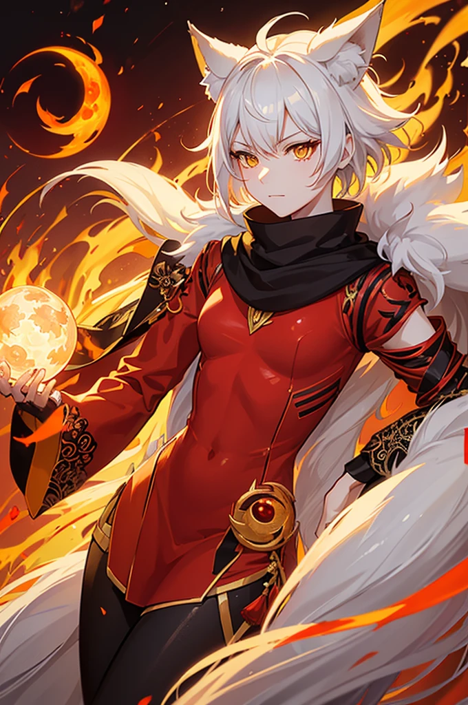 A single adult nine-tailed fox, with human face and features and fox fur, with serious facial expression, yellow eyes with fire effect inside, with red clothes and black parts covering the body, with short hair, with clamp with a (blood moon) stamped like a symbol, white skin and body.